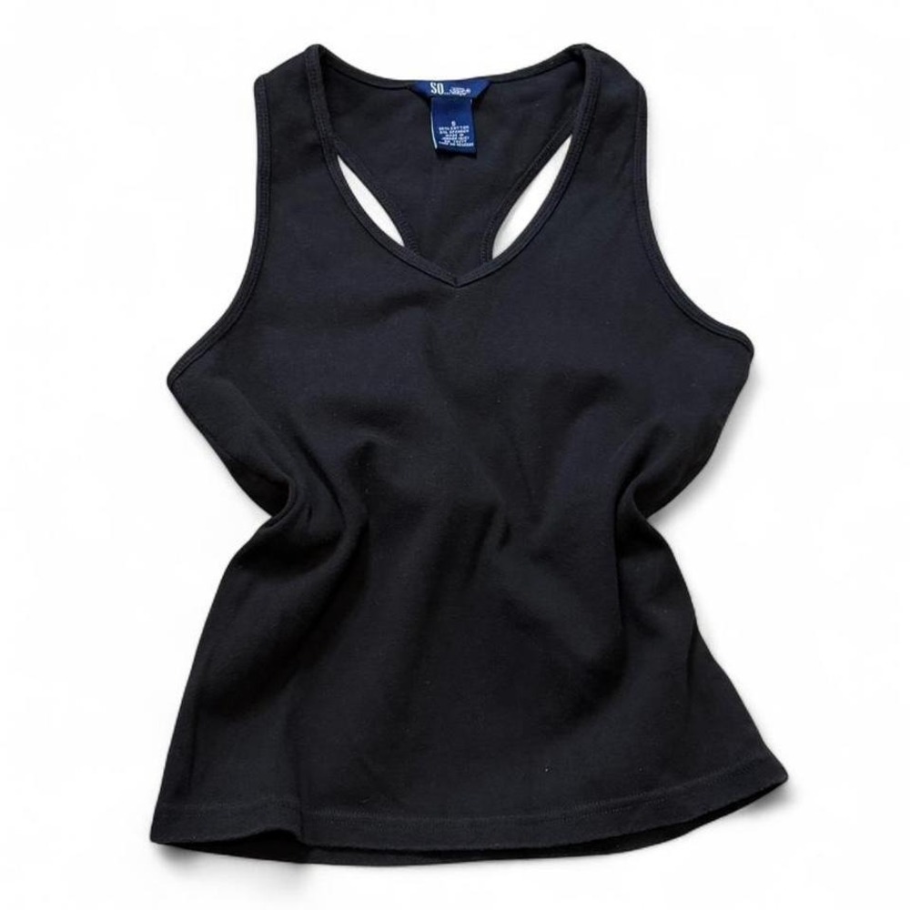 Y2K Black SO V Neck Racerback Tank Top, Women's Size S